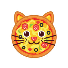 Fototapeta premium A cartoon pizza with a cat's face featuring toppings and a cheerful expression on a plain white background with a playful and whimsical mood.