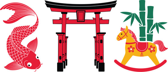 Red koi fish bamboo horse and torii gate