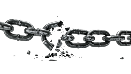 A broken metal chain, fragments scattered, symbolizing freedom or destruction