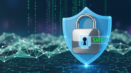 Secure padlock on shield with safe text on transparent background for cybersecurity concepts