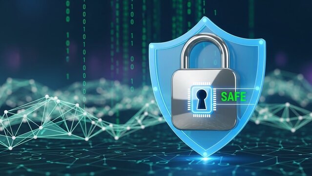 Secure padlock on shield with safe text on transparent background for cybersecurity concepts - Powered by Adobe