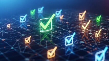 Glowing checkmarks on a network of lines and nodes on transparent background
