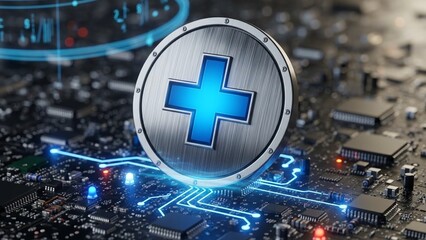 Glowing blue medical cross on silver circle with circuit board background on transparent background