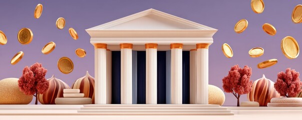 Naklejka premium 3D render of a bank building with coins flying around classical columns and pastel landscape
