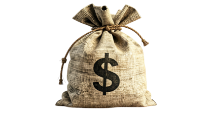 Beige, textured money bag tied closed with dark string, featuring a large dollar sign