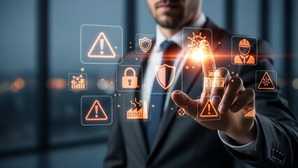 Businessman interacting with digital security icons on transparent background symbolizing cyber protection and data safety