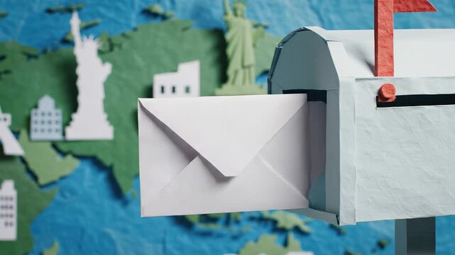 Paper mail delivery concept with envelope entering mailbox against world map montage