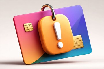 Colorful bank card with a lock and exclamation symbol signaling security and payment warning