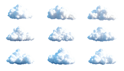 Nine fluffy, puffy white clouds on black background, showcasing various shapes and sizes