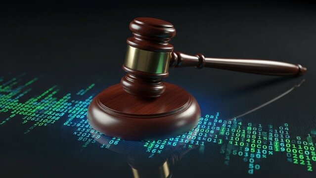 Judge gavel with sound wave and binary code on transparent background for law technology concept - Powered by Adobe