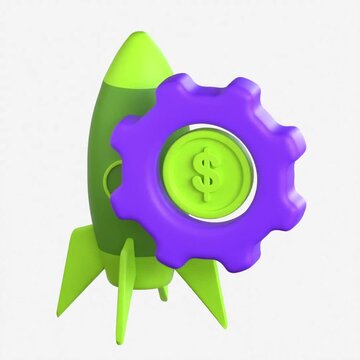 A green rocket ship behind a purple gear containing a green dollar coin symbolizing self-funded business growth and financial operation