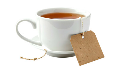 A white teacup filled with amber liquid, tea bag tag attached, on a saucer