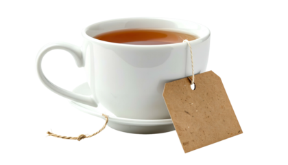 A white teacup filled with amber liquid, tea bag tag attached, on a saucer