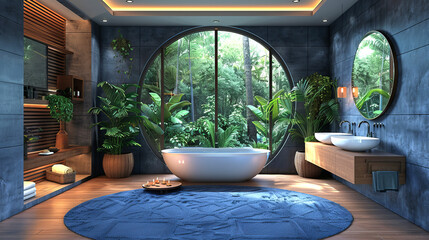 A stylish navy blue bathroom with a freestanding tub, large round window, lush green plants, warm lighting, and a soft blue rug creating a calm spa-like atmosphere.