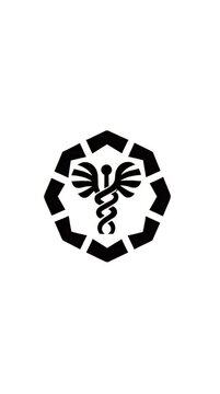 A black and white logo featuring a stylized caduceus within a broken circle