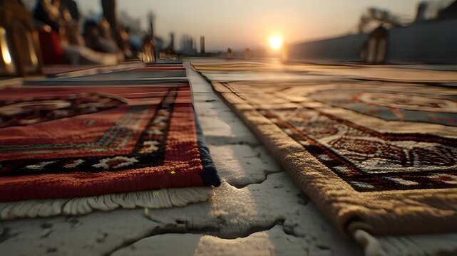 Closeup of colorful Persian rugs with intricate patterns at sunset in a traditional marketplace