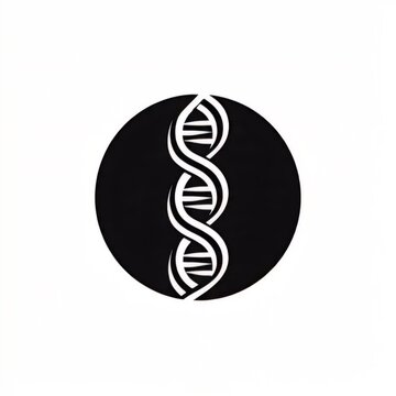 A black circle with a white double helix DNA structure in the center