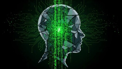 Futuristic robotic head with green circuit code streaming down on transparent background