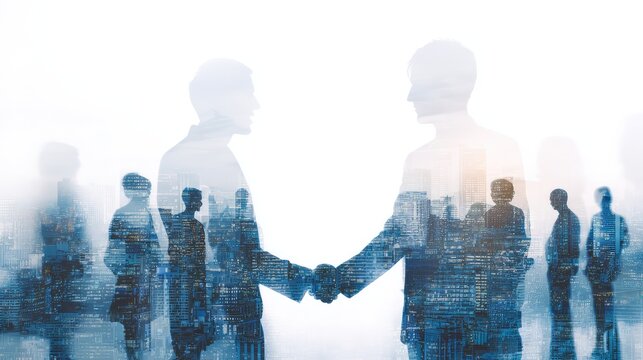 Double exposure image of business people handshake on city office building in background showing partnership success of business deal. Concept of corporate teamwork, trust partner and work agreement. 