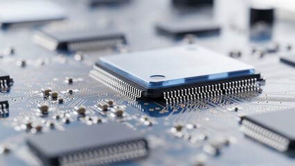 Close up of a microchip on a circuit board with various components on transparent background