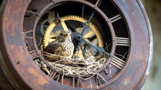 Birds nesting inside vintage clock face featuring gears and details
