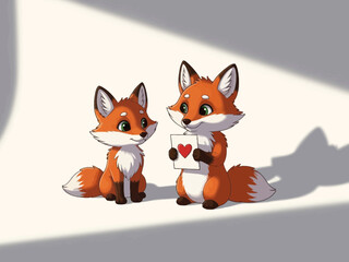 Obraz premium Two cute cartoon foxes with a heart