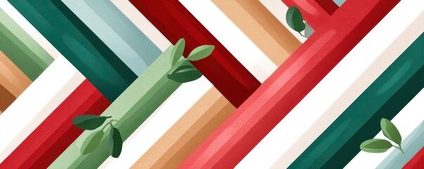 Abstract diagonal stripe pattern with green and red bars and small leafy accents