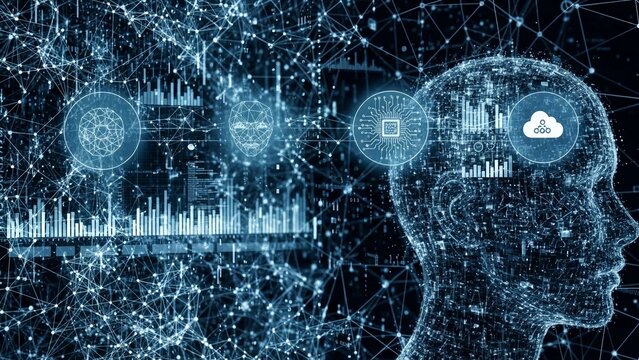 Digital human head with data visualization and cloud computing on transparent background - Powered by Adobe