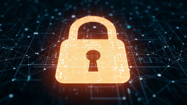 Glowing orange padlock with digital network connections on transparent background symbolizing cybersecurity and data protection - Powered by Adobe