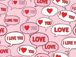Vibrant pink background with speech bubbles saying i love you