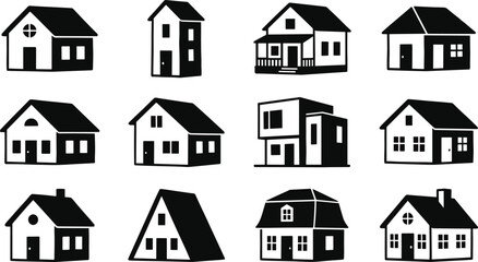 Fototapeta premium Set of twelve black and white house silhouettes showcasing diverse architectural styles, roof shapes, window placements, and structural variations