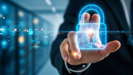 Businessman holding glowing digital padlock with cyber security interface on transparent background