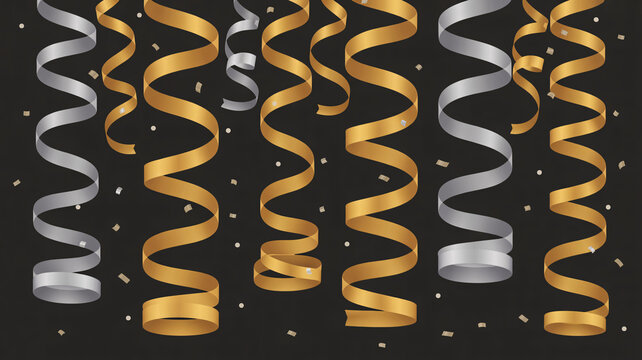 Vibrant gold and silver streamers on black background with confetti