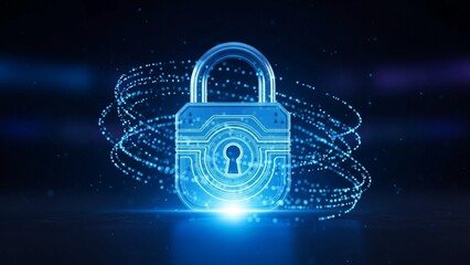 Glowing blue padlock with circuit lines and swirling dots on transparent background symbolizing digital security and protection