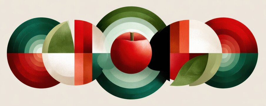 Retro mid-century modern abstract geometric pattern with concentric circles and apple centerpiece