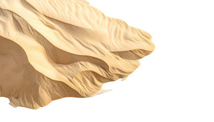 Aerial view of layered sand dunes with shadows, isolated against black