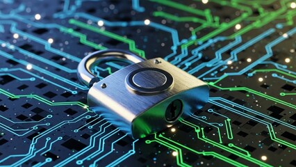 Close up of a silver biometric fingerprint padlock on a circuit board with glowing blue and green lines on transparent background