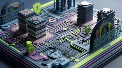 Futuristic cityscape with sleek skyscrapers and neon lit circuit board on transparent background