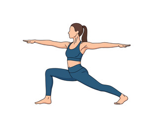 Fototapeta premium Energetic young woman in athletic wear demonstrating the powerful Warrior II yoga pose, embodying strength, balance, and mindful well-being in a dynamic fitness routine for health and vitality