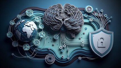 Brain with shield and globe on transparent background symbolizing cybersecurity and global protection