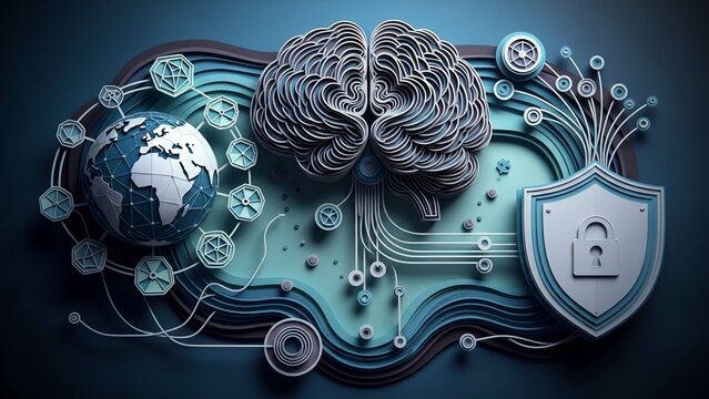 Brain with shield and globe on transparent background symbolizing cybersecurity and global protection - Powered by Adobe