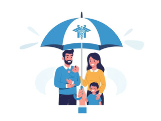 Family protected under umbrella with caduceus symbol, illustrating health insurance and security
