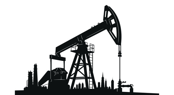 Black silhouette of an oil pump jack operating in a field with a detailed city skyline in the far distance against a white background.