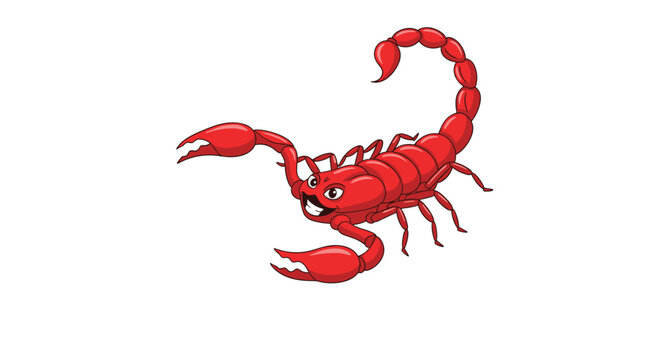 Red scorpion cartoon character with a friendly face and a curved stinger tail stands in a defensive pose on a plain white background.