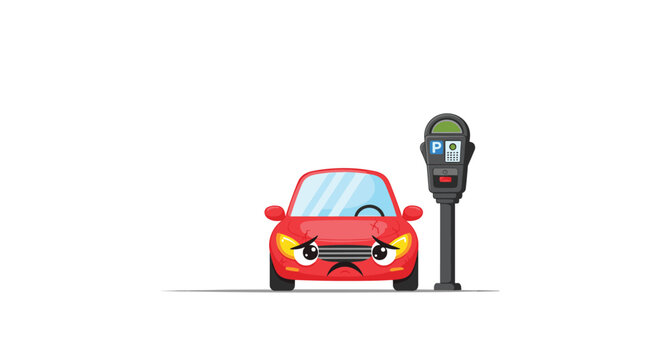 Sad red car with a frowning face and tearful eyes parked next to a parking meter illustrates the frustration of finding a parking spot.