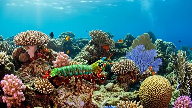 Mantis shrimp navigating vibrant coral reef underwater during sunny day