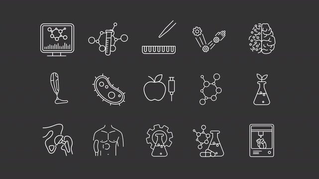 Animated bioengineering white line icons. Biotechnology in medicine animation set. Integration of genetic research and technology. Isolated elements on dark background. Alpha channel HD video