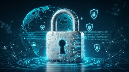 Cyber security concept with glowing blue padlock on transparent background with shield icons and global network