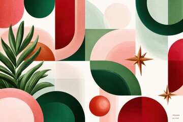 Minimalist retro geometric pattern in green, pink, and red with circular arcs and plant accents