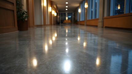 A polished reflective floor stretches down a modern well lit interior hallway illuminated by warm glowing lamps